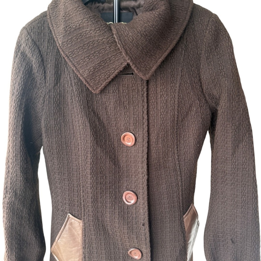 Mackage Womens Funnel Neck Wool Blend Coat Size S Brown Leather Trim Tailored - Picture 4 of 10